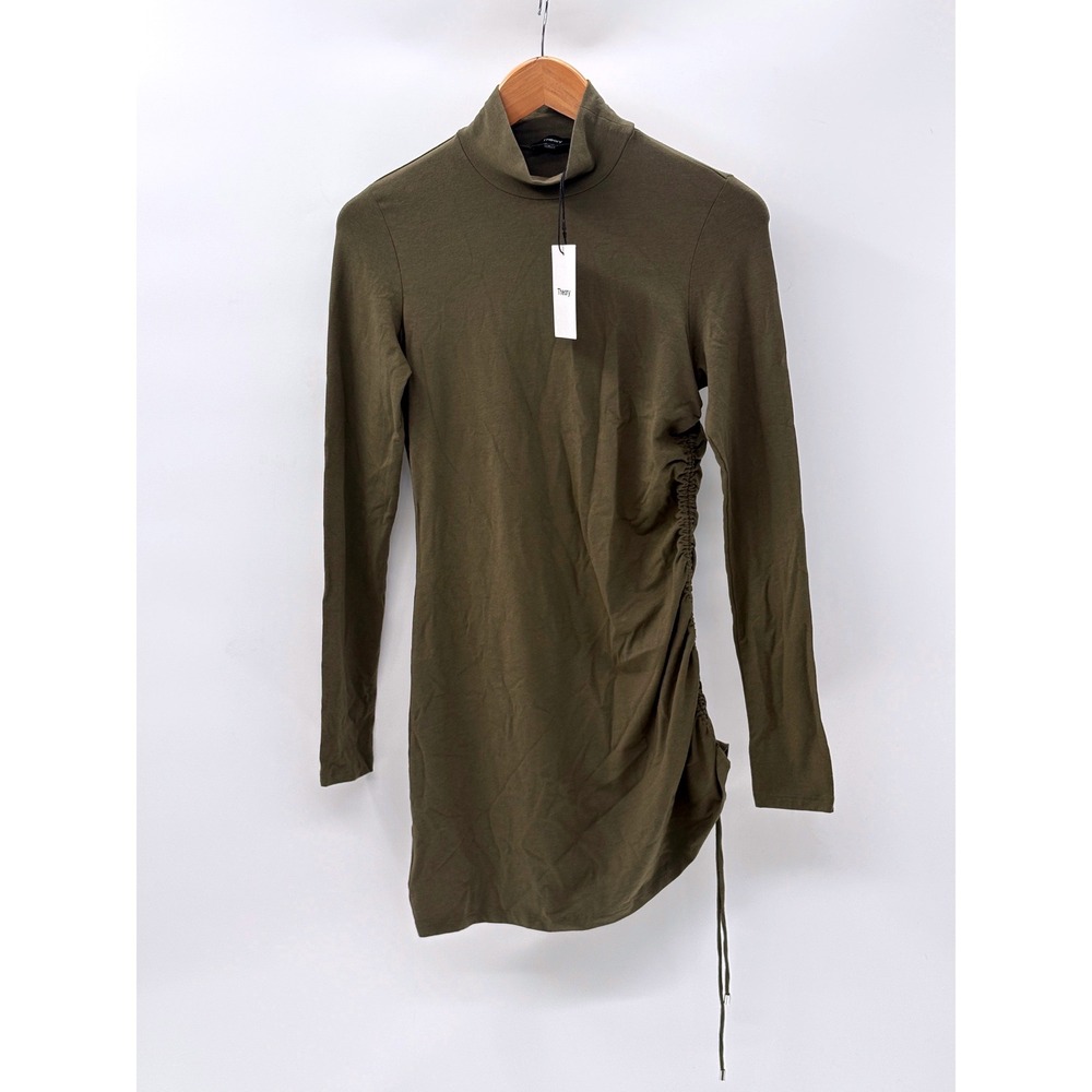 New Theory Tunic Top Ruched Bonsai Ranmire Mock Neck Olive Green Women Small